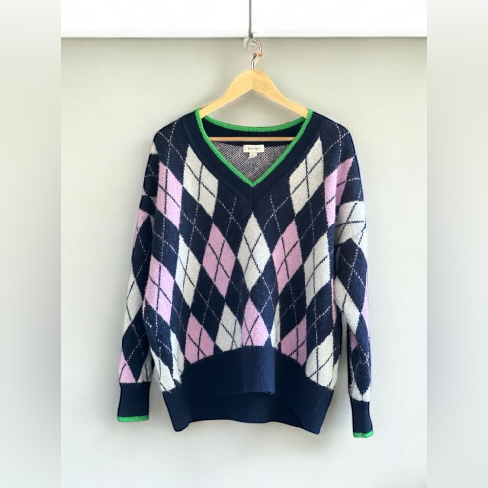 On 34th Women's Argyle V-Neck Drop-Shoulder Sweater. - Picture 2 of 16